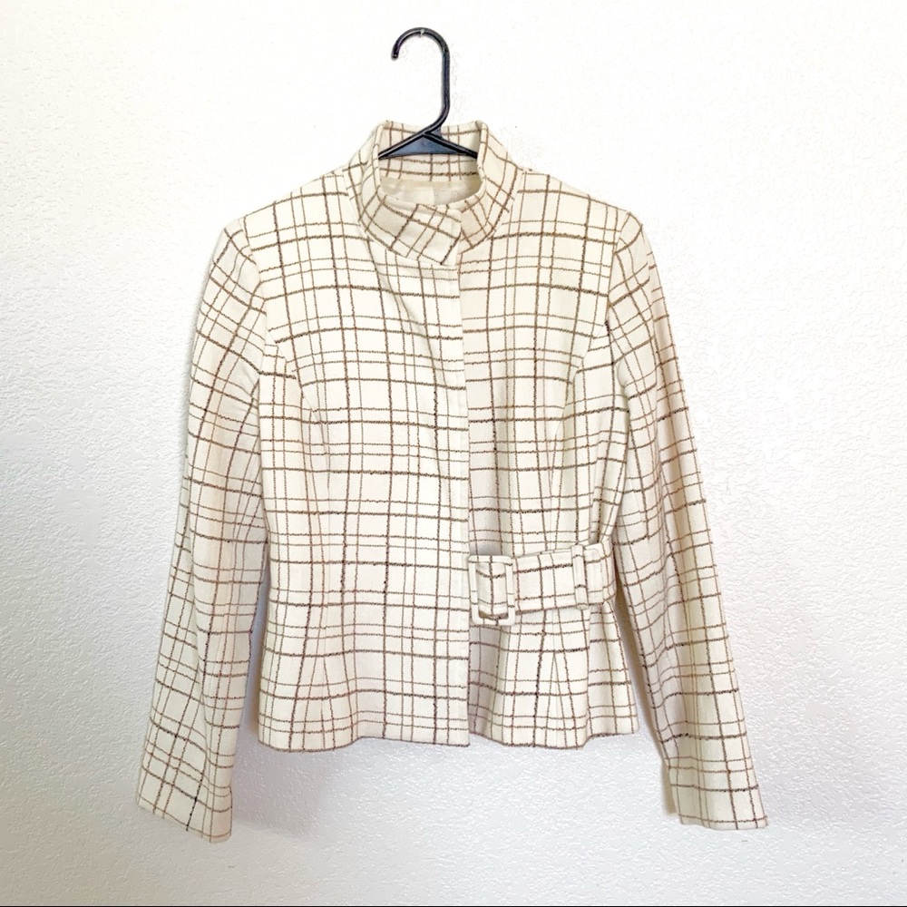 Kay Unger 100% Wool Mock Neck Belted Jacket Tan 6